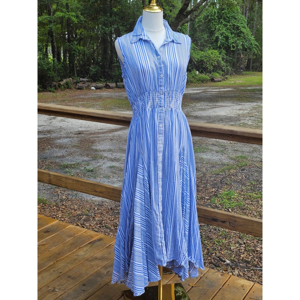 Philosophy Republic Clothing Blue Striped Asymmetrical Boho Midi Dress Medium - Picture 2 of 10